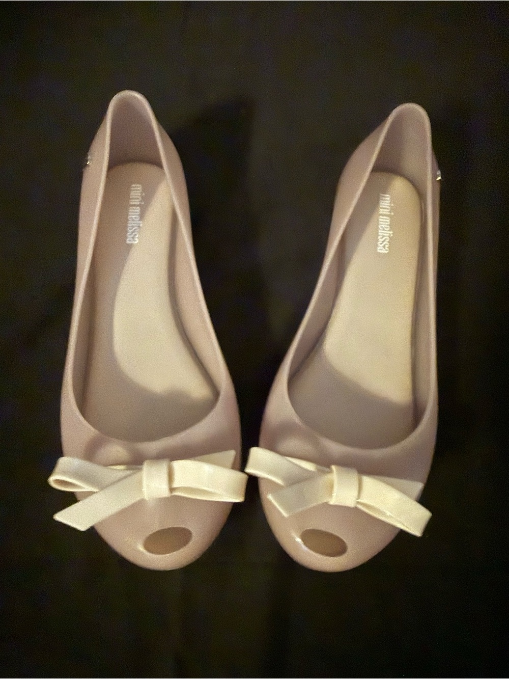 Mini Melissa Blush Pink Peep-Toe Flats with Cream bow girls size 4